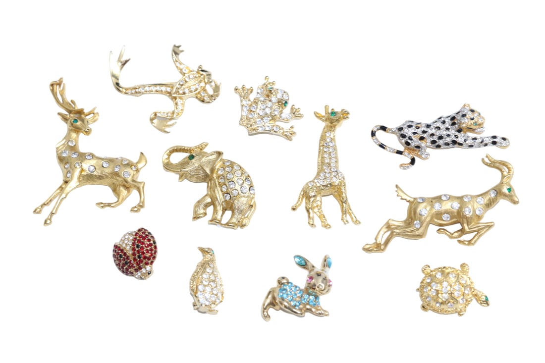 Lot of Gold Tone and Rhinestone Sparkly Animal Brooches Including 1 Monet: Lot of Gold Tone and Rhinestone Sparkly Animal Brooches Including 1 Monet