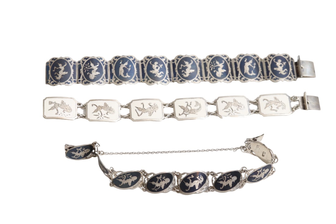 Siam Sterling Silver Black and White Enamel Bracelets: Siam Sterling Silver Black and White Enamel Bracelets