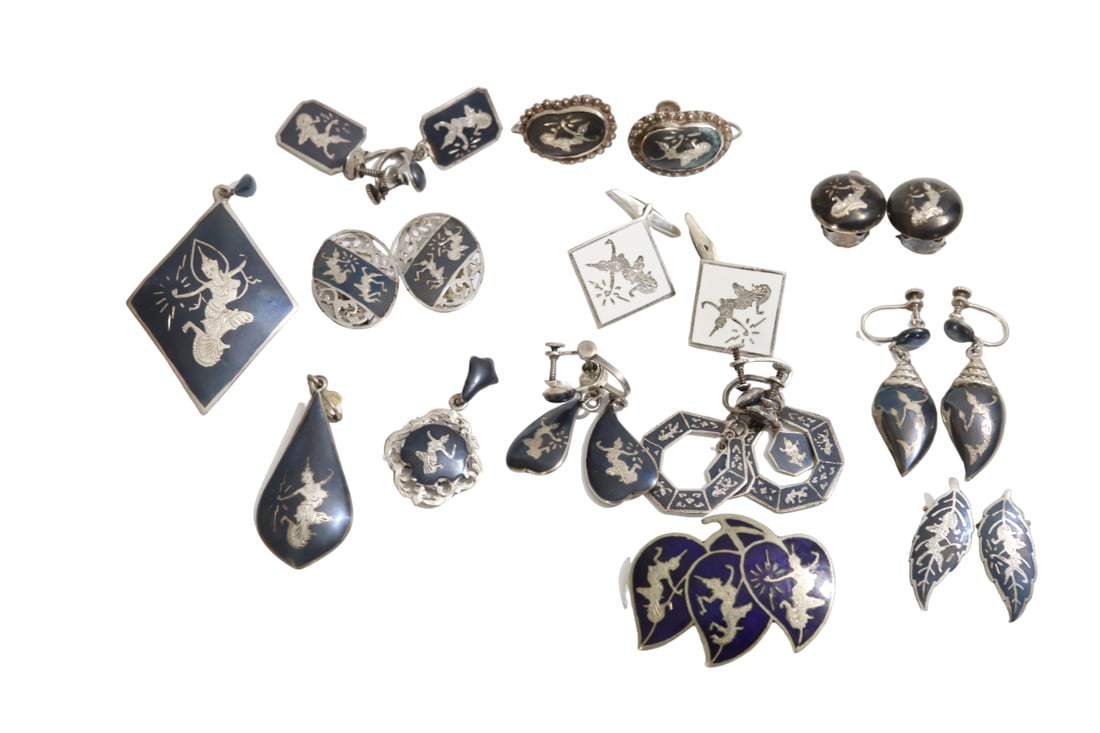 Siam Sterling Silver Black Earrings, Pendants, White Enamel Cuff Links, and a Brooch: Siam Sterling Silver Black Earrings, Pendants, White Enamel Cuff Links, and a Brooch. Earrings are a mix of Clip-ons and Screw Backs.