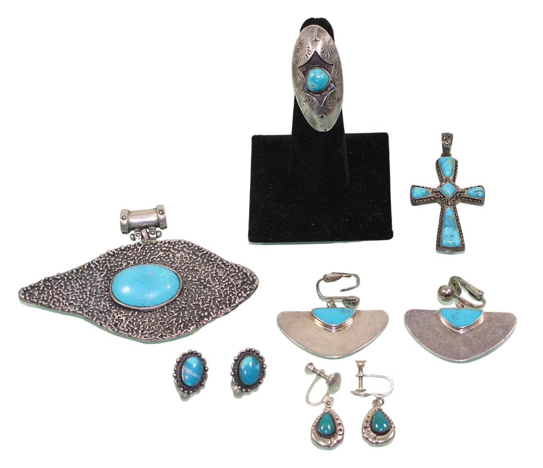Sterling Silver & Turquoise Jewelry Lot with Pendants, Ring & Earrings (1 of 16)