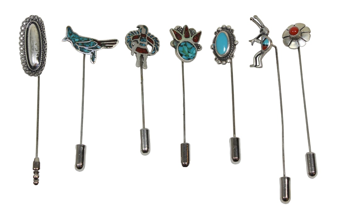 7 Native American Silver Stick Pins with Turquoise & Coral Inlay (1 of 19)
