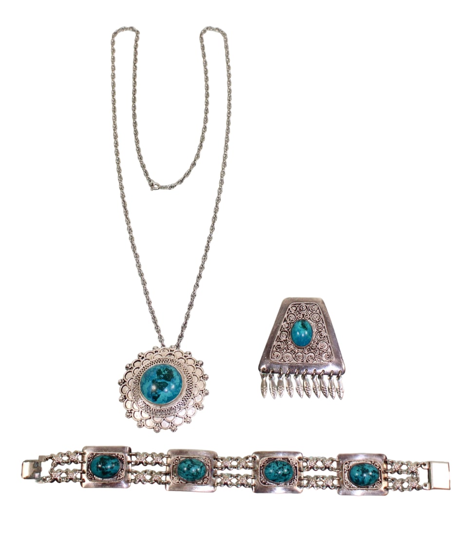 Israeli Silver & Turquoise Bracelet, Brooch & Necklace: Bracelet is 7" long, chain is 24".