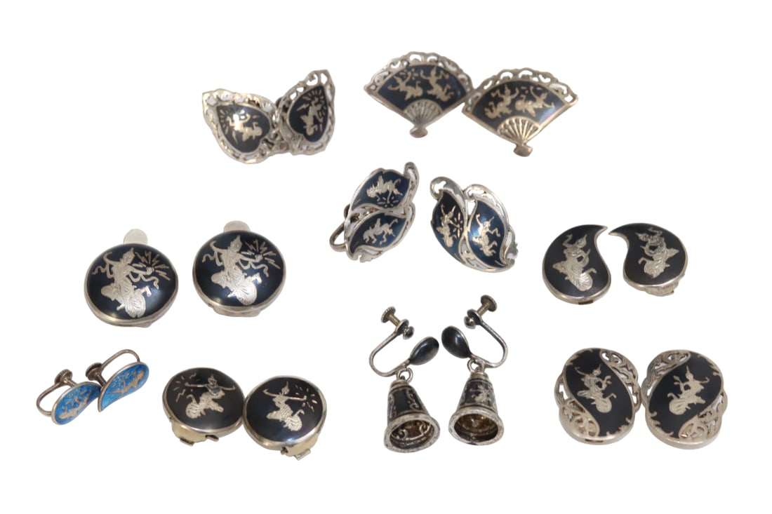 Siam Sterling Silver Black Enamel Earrings Including Screw Backs and Clip-ons + Blue Enamel Pair (1 of 17)