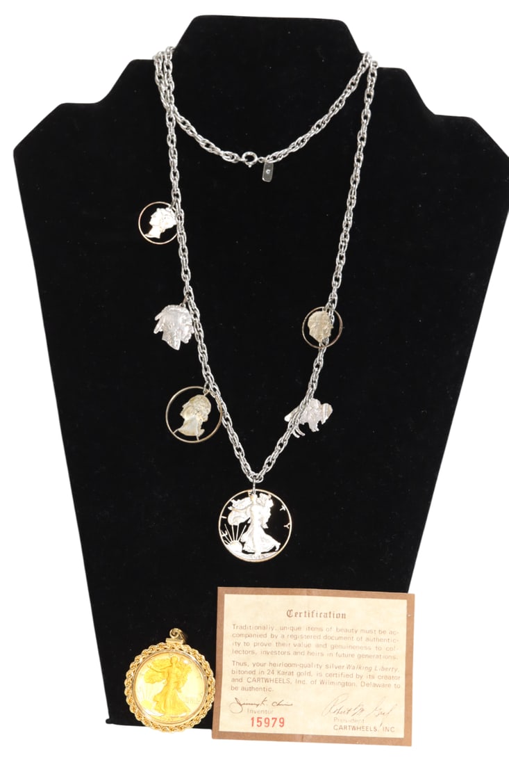 Cut Coin Collage Necklace on Monet Chain + Cartwheels Silver Walking Liberty Pendant with COA: Cut Coin Collage Necklace on Monet Chain + Cartwheels Silver Walking Liberty Pendant with COA
