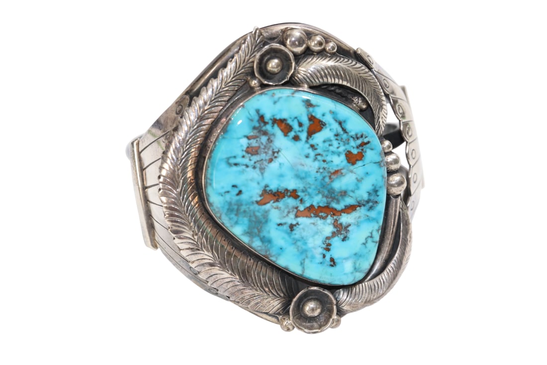Heavy Turquoise and Silver Cuff Bracelet Signed SS (1 of 19)