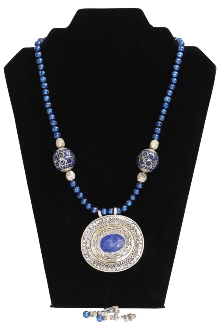 Bold Statement Moroccan Style Sterling Silver Pendant Blue Beaded Necklace + Earrings (1 of 12)