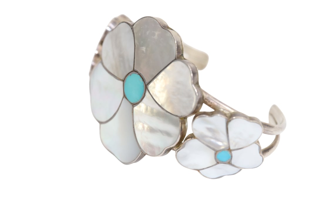 Rosita & Anselm RA Wallace Zuni Inlaid Mother of Pearl Turquoise Cuff Bracelet (1 of 9)