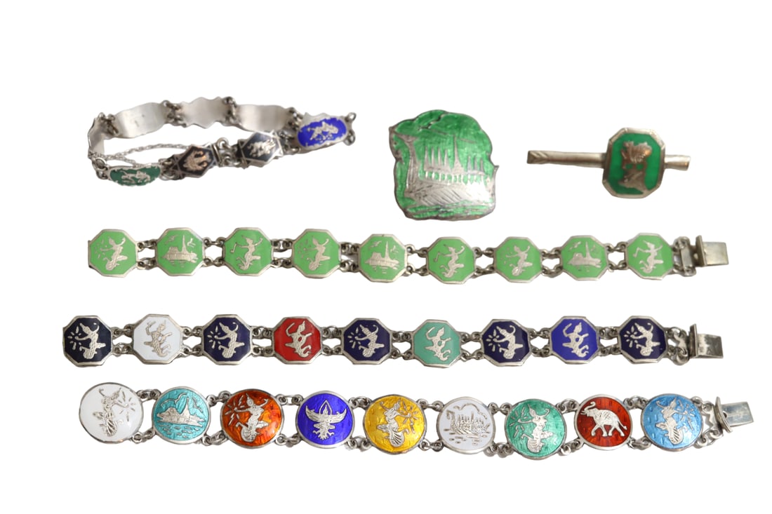 Siam Sterling Silver Colorful Enamel Bracelets, Brooch and Clip: Siam Sterling Silver Colorful Enamel Bracelets, Brooch and Clip