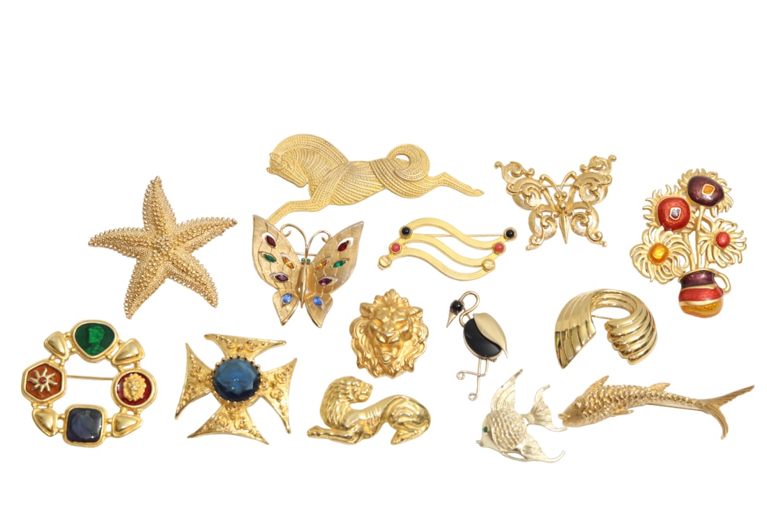 Lot of Signed Gold Tone Brooches/ Pins Including Napier, Monet, JJ, Trifari, Robert, Rose, Etc (1 of 11)
