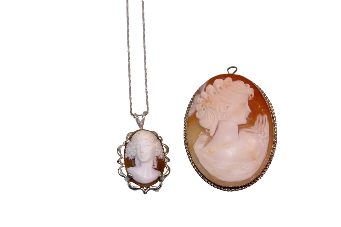 Cameo Pendant on 14K Gold Chain, Plus Sterling Frame Cameo Brooch: Chain is 18" long and weighs 1.1 grams.