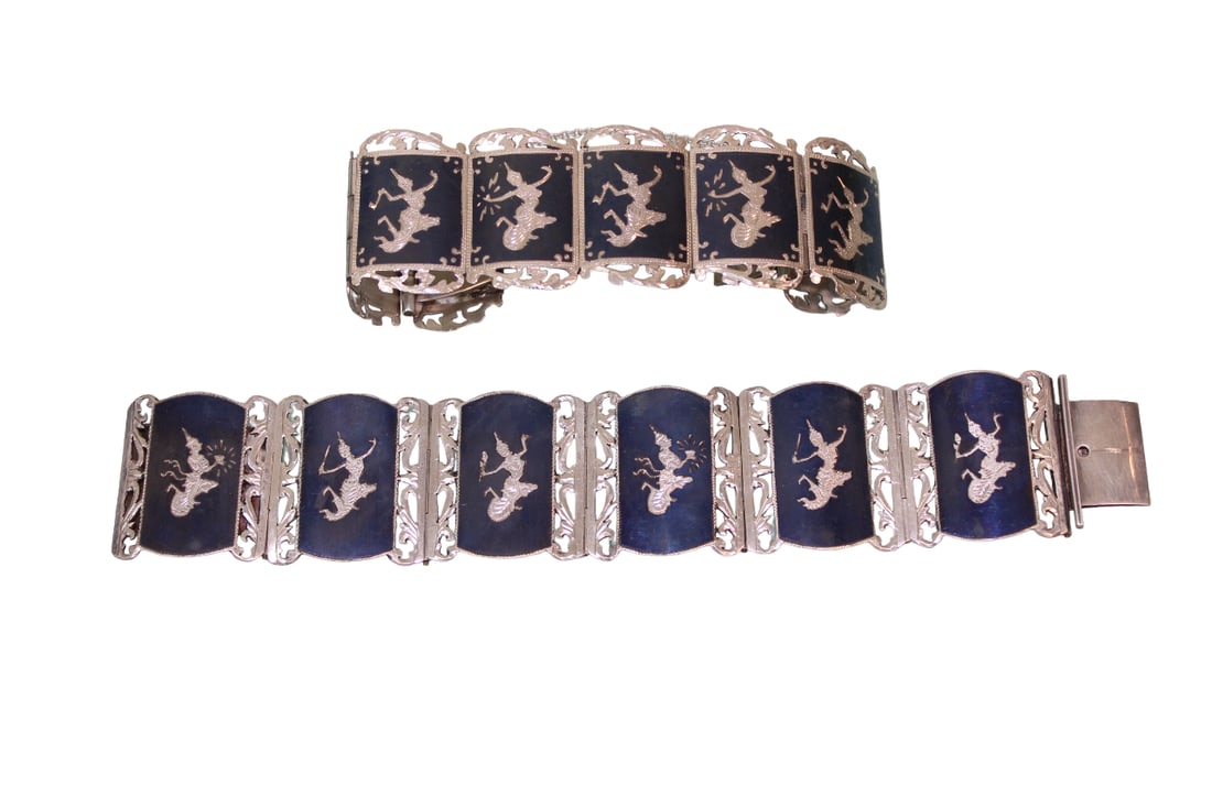 2 Thai Sterling Bracelets with Black Enamel: 7" long.