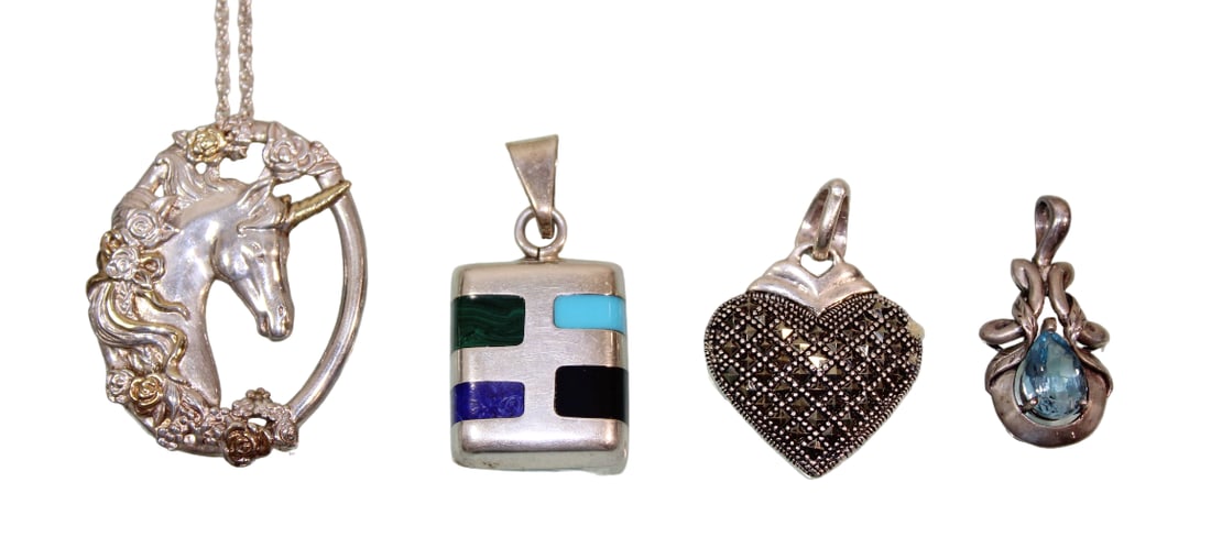 Gorham Sterling Silver Unicorn Pendant, Plus Other Sterling Pendants: Chain is 23" long.