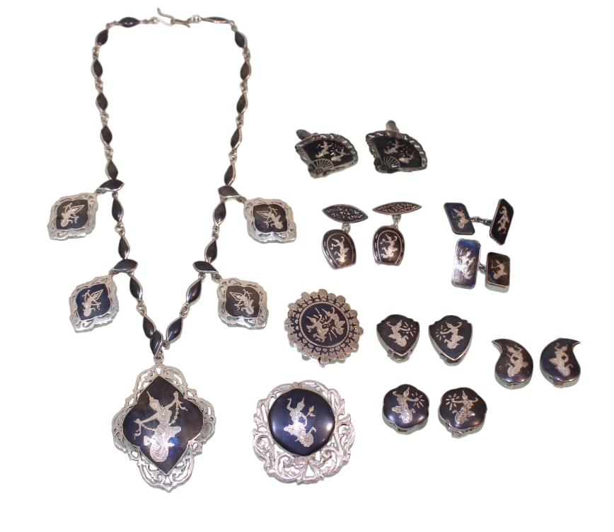 Siam Sterling Silver with Black Enamel Necklace, Earrings, Brooches & Cuff Links (1 of 20)