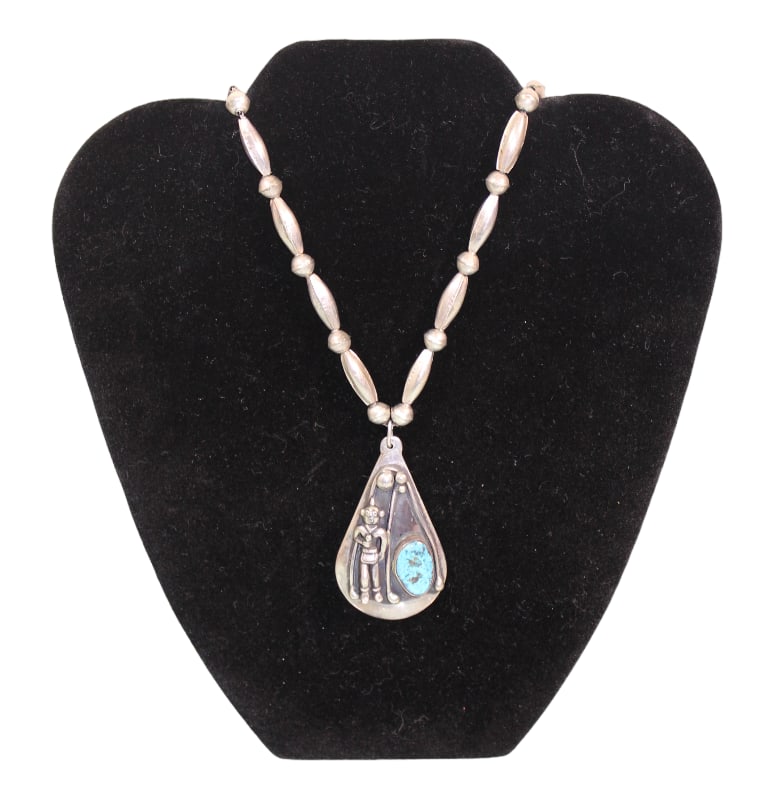 Signed E.Y. JR. Navajo Silver Necklace with Mudhead Kachina & Turquoise Pendant (1 of 11)