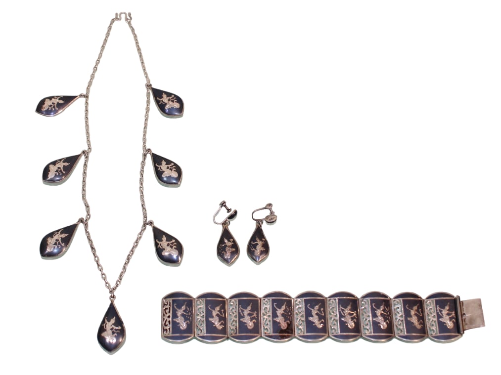 Black Enamel Siam Sterling Silver Necklace, Bracelet & Earrings: Necklace is 17" long, bracelet is 7".