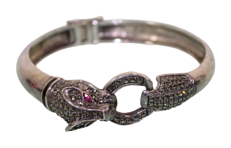 Sterling Silver & Marcasite Panther Head Bracelet: Inner diameter is 2 1/4"