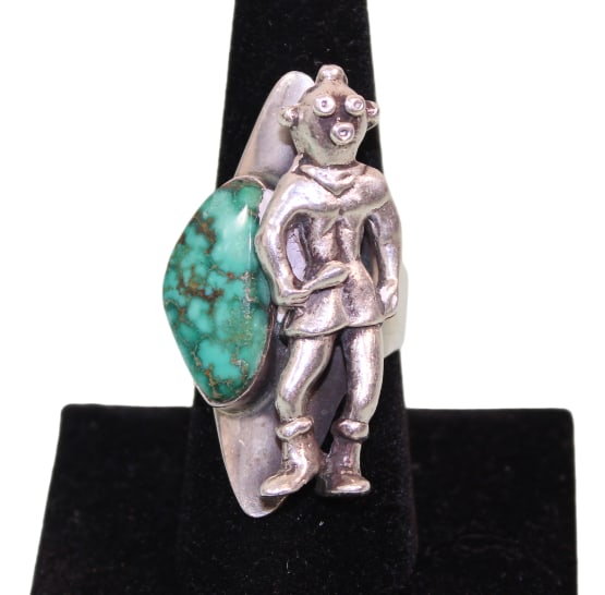 Signed E.Y. JR. Navajo Silver Ring with Mudhead Kachina & Turquoise (1 of 9)