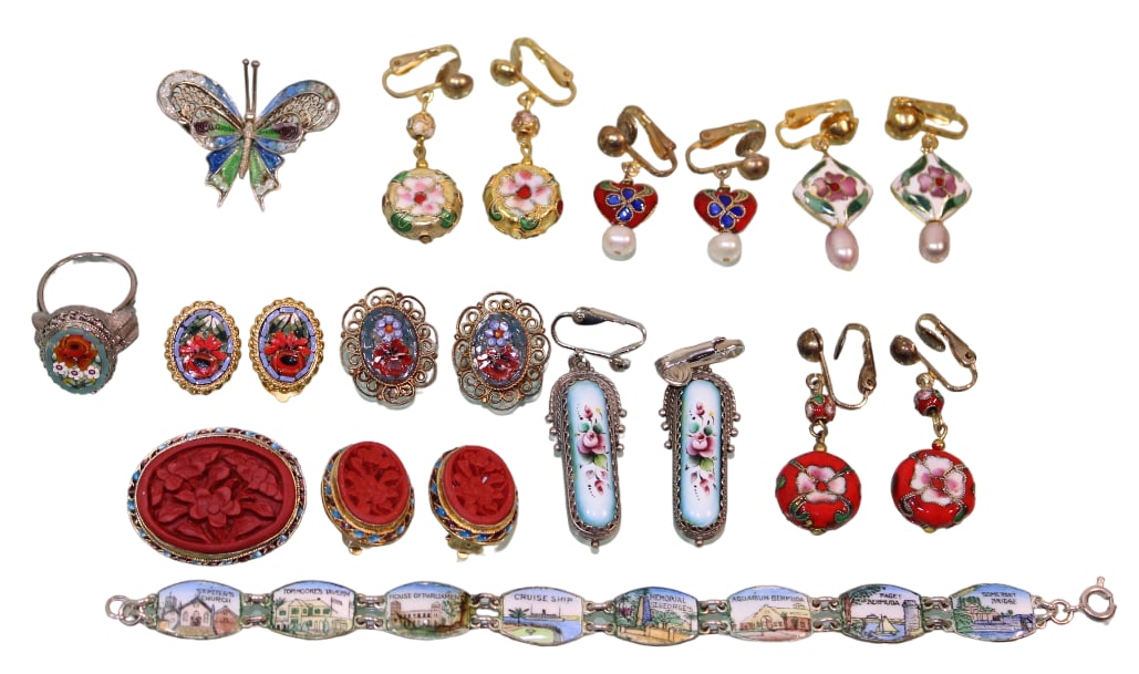 Jewelry Lot with Micromosaic, Enamel & Carved Cinnabar Pieces: Bracelet is 7" long.