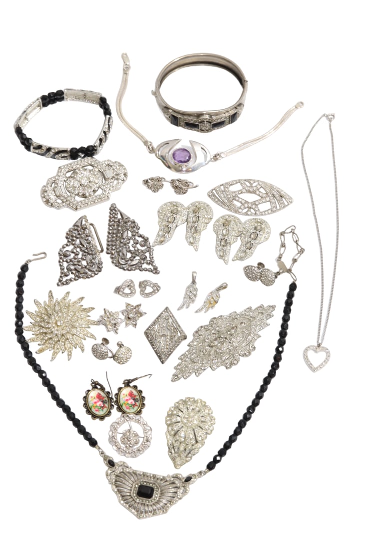 Rhinestone Bling Jewelry Including 1928 Piece, Sterling Silver Bracelet, Brooches, Earrings, Etc (1 of 16)