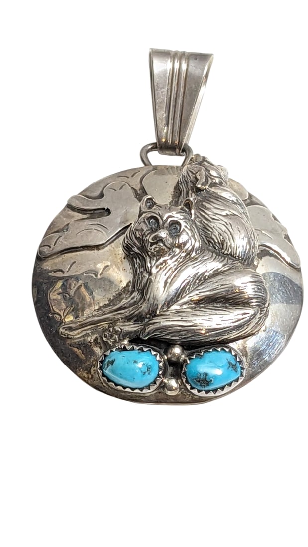 Running Bear Signed Sterling Silver and Turquoise Pendant (1 of 10)