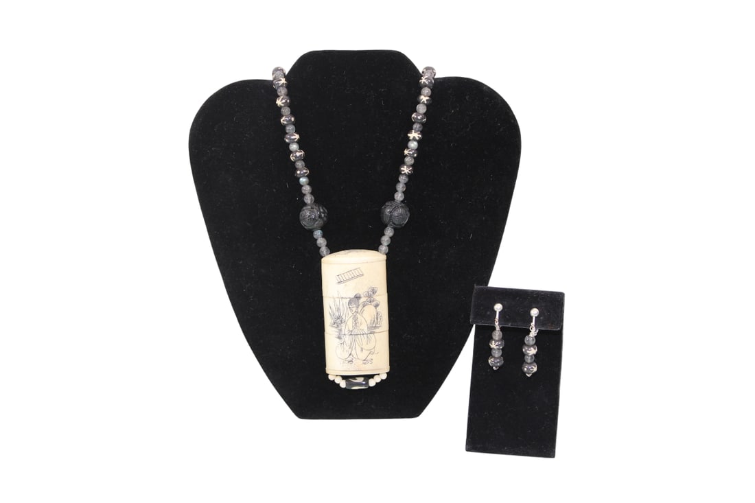 Necklace with Vintage Japanese Hand Carved Bone Inro Pendant Plus Matching Earrings: Necklace is 22" Long.