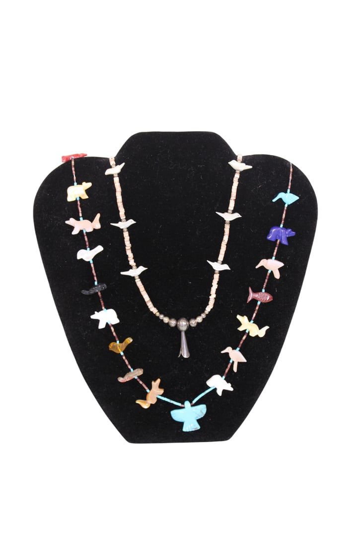 Zuni Native American Fetish Necklaces, One with Silver Squash Blossom Pendant (1 of 17)