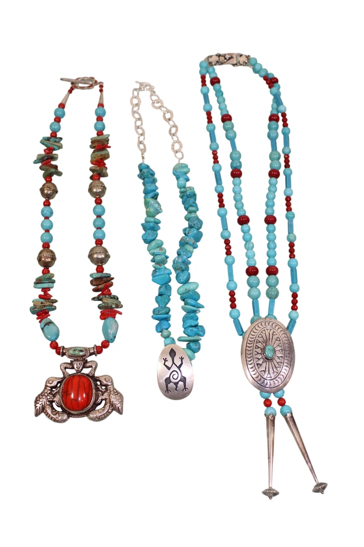 Necklaces with Vintage Native American Silver Pendants: Necklaces are 22" long. One pendant is a concho belt disc, signed FG Sterling (Fred Guerro Jr. Navajo).