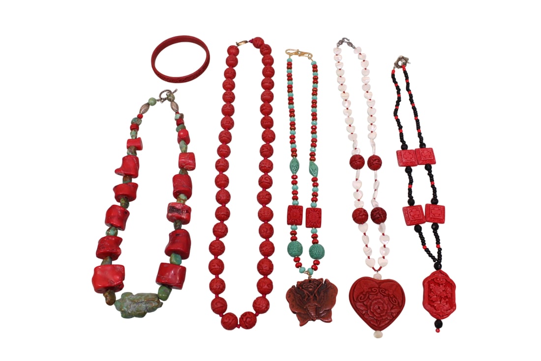5 Asian Style Necklaces with Carved Cinnabar Pendants & Beads (1 of 20)
