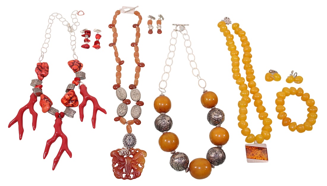 Statement Necklaces, Bracelet & Earrings, Incl. Coral & Amber: Longest necklace is 21".