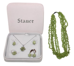 Stauer Sterling Silver Necklace, Ring & Earrings, Plus Green Glass Bead Necklace