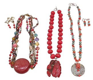 3 Necklaces & 2 Pairs of Earrings, incl. Turquoise & Carved Cinnabar