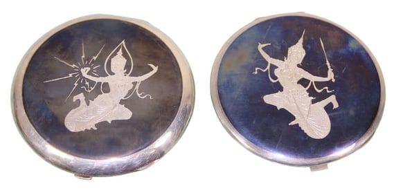 Pair of Thai Sterling Silver Compacts, One with Original Box