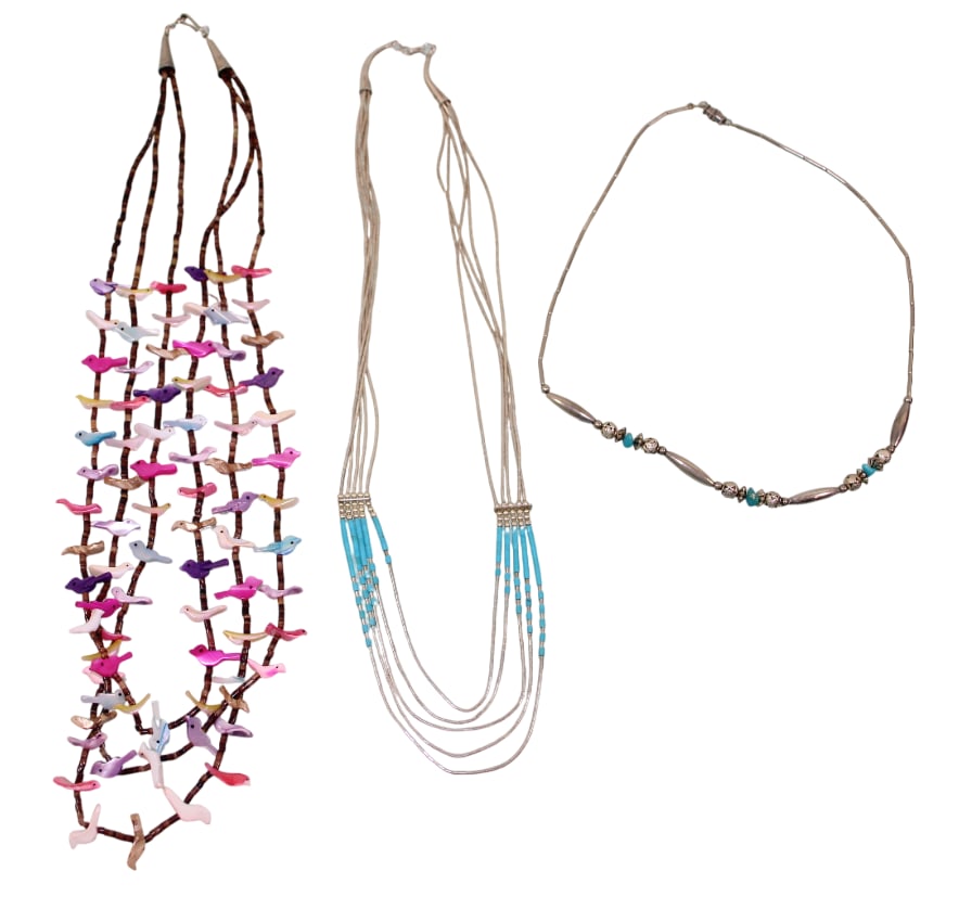Native American Necklaces; 3 Strand Fetish, Liquid Silver & Other: Longest necklace is 21"