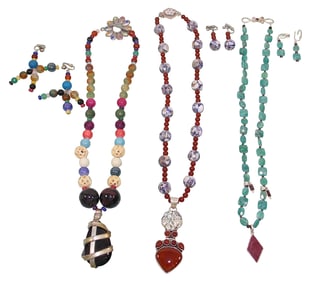 3 Bead Necklaces & Earrings, 2 with Sterling Pendants & Clasps
