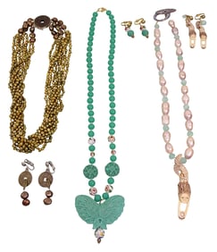 Turquoise Cinnabar Butterfly Pendant Necklace, Plus Pearl Necklaces & Earrings