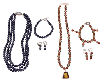 2 Colored Pearl Necklaces with Matching Bracelets & Earrings