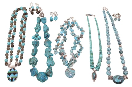 5 Turquoise Stone Necklaces, Some with Sterling Fittings