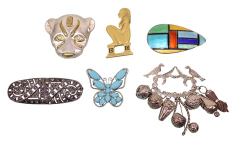 6 Brooches incl. Brazilian Silver Freedom Charm Brooch, MMA Panther Head Brooch, Siam Enamel, Etc.