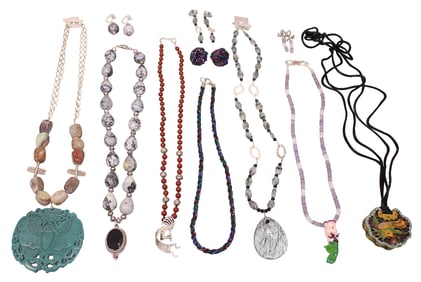 7 Necklaces incl. Sterling Pendants, Carved Turquoise Cinnabar & More
