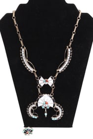 JC Chico Signed Handmade Sterling Silver and Inlaid Stone Zuni Necklace and Ring