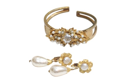 Signed Miriam Haskell Cuff Bracelet and Pearl Like Drop Earrings