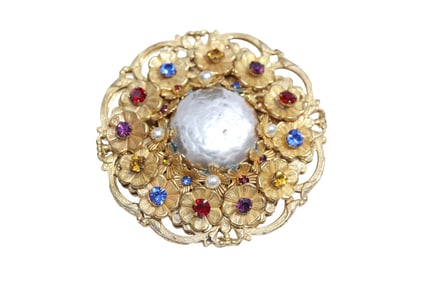 Signed Miriam Haskell Flower Brooch with Pearl Like Center and Rhinestones