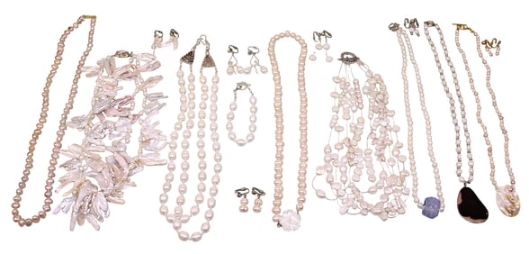 Various Styles Pearl Necklaces, Bracelet & Earrings, Some with Sterling Clasps
