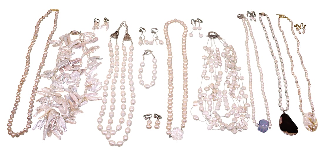 Various Styles Pearl Necklaces, Bracelet & Earrings, Some with Sterling Clasps: Longest necklace is 26".