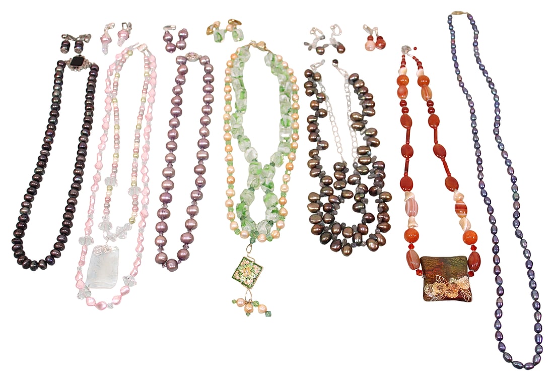 Pearl, Stone & Glass Bead Necklaces & Earrings,Some with Sterling Clasps: Longest necklace is 33".