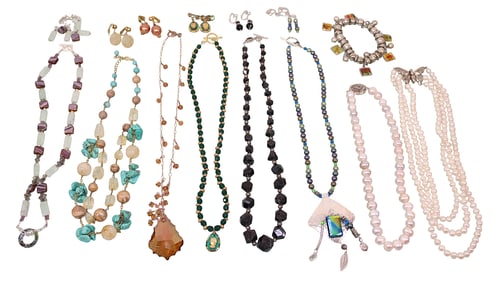 Pearl & Stone Bead Necklaces with Earrings, Plus Silver Bead Bracelet