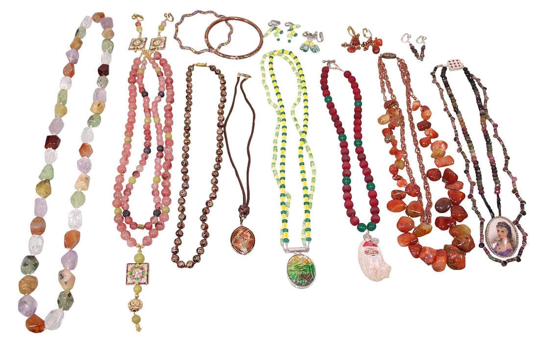 Cloisonne Bracelets, Stone & Glass Bead Necklaces & Earrings: Longest necklace is 31". Includes Limoges porcelain pendant.