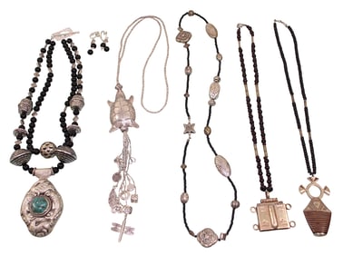 5 Tribal Style Necklaces, Some with Silver Pendants