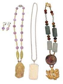 Asian Inspired Necklaces with Carved Stones & Pendants, One with Sterling Silver Chain