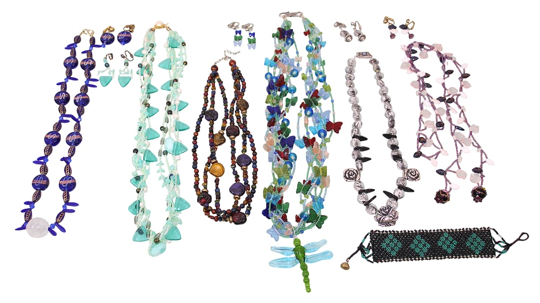 Glass Bead Necklaces & Earrings, Plus Beaded Bracelet: Some with Sterling Silver clasps.